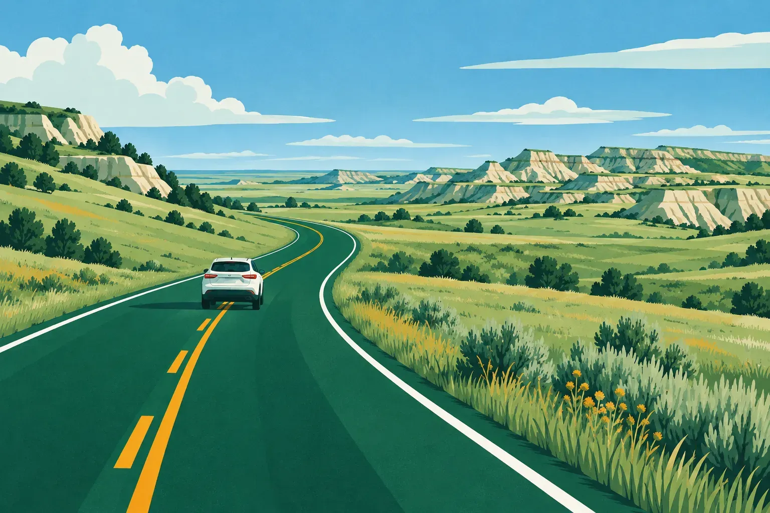 A highway through grasslands and rocky hills, a typical landscape of South Dakota