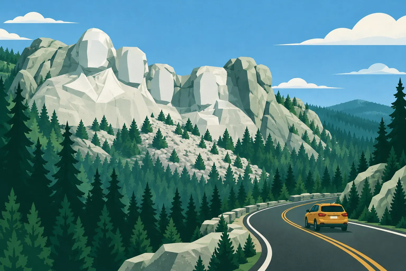 Mount Rushmore carved in the granite of the Black Hills, seen from a distance, in South Dakota